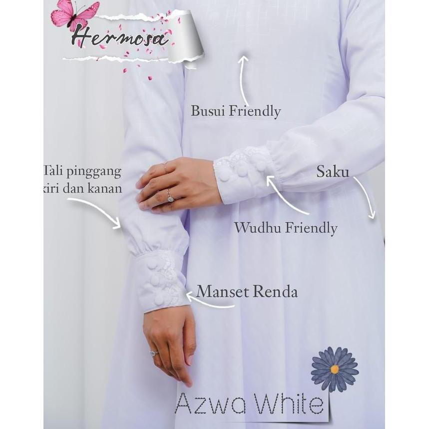 [Gamis hermosa]Gamis hermosa bahan wolfis embos motif azwa putih-gamis manasik haji-gamis umroh Kanc