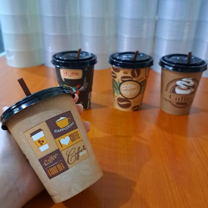 Foodcity- Gelas Kertas Kopi + Tutup + Sedotan / Paper Cup Motif Coffee 8 0Z