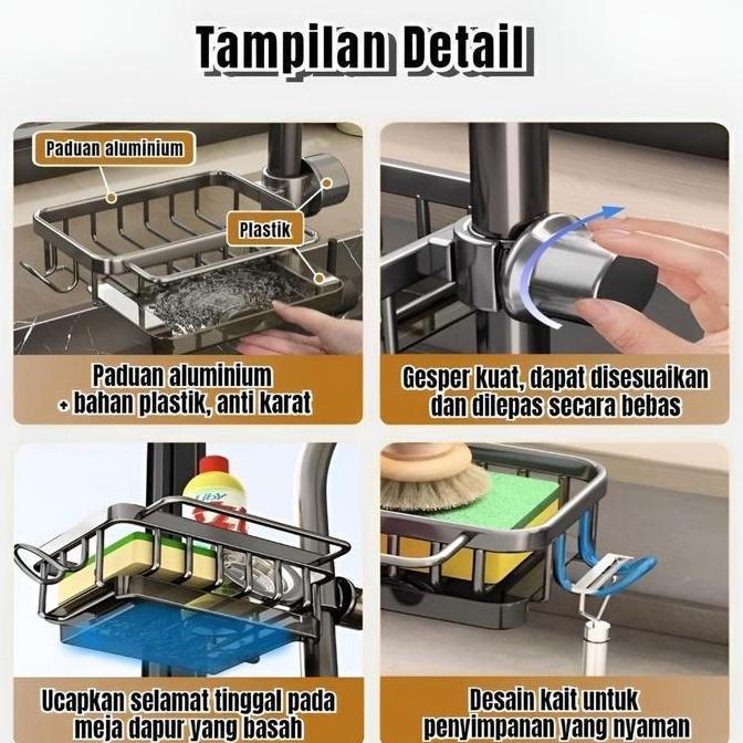 Rak Organizer Wastafel Dapur Tempat Sabun Spons Rak Aluminium Penyimpanan Tempat Kain Pencuci Piring