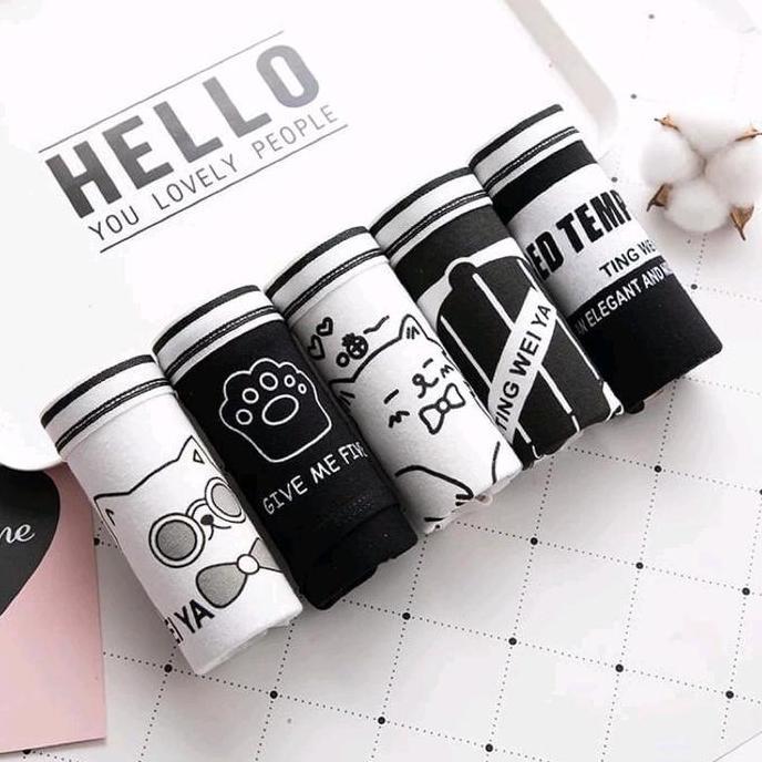 12Pcs CD CS024 Celana Dalam Wanita Katun Hitam Putih Motif Kucing