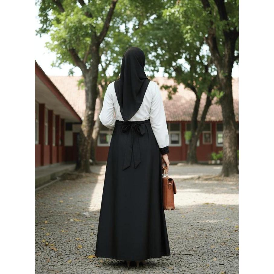 Gamis Seragam Kerja PNS PDH Kombinasi Hitam Putih Dress Wanita Toyobo Tebal