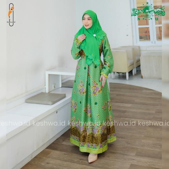 Gamis Muslimat NU Hijau Muda Semi Sutra Seragam Pengajian Nahdlatul Ulama by Keshwa Wanita Dress Sya