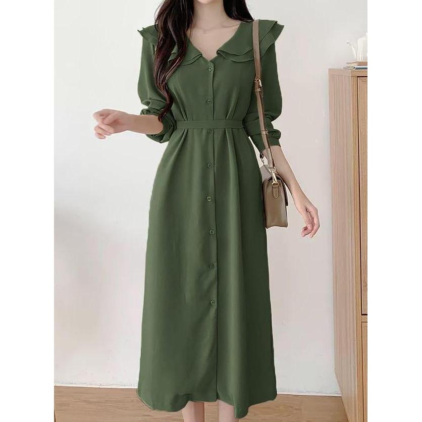 Dress Panjang Polos Casual Kantor Wanita Formal Tunik Panjang Korean Style Dress Lengan Panjang Buat
