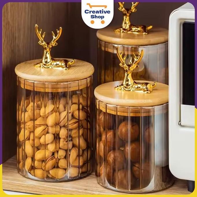 CS | Toples Kaca Tutup Kayu Rusa Gold | Toples Lebaran | Toples Kue Kering Kue Lebaran Tempat Wadah 