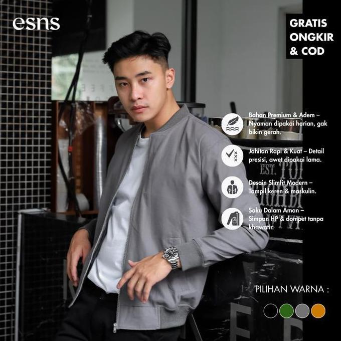 DISKON ESNS Jaket Bomber Canvas Pria Premium Slimfit Tahan Angin Nyaman Casual Keren Tebal Distro Zi