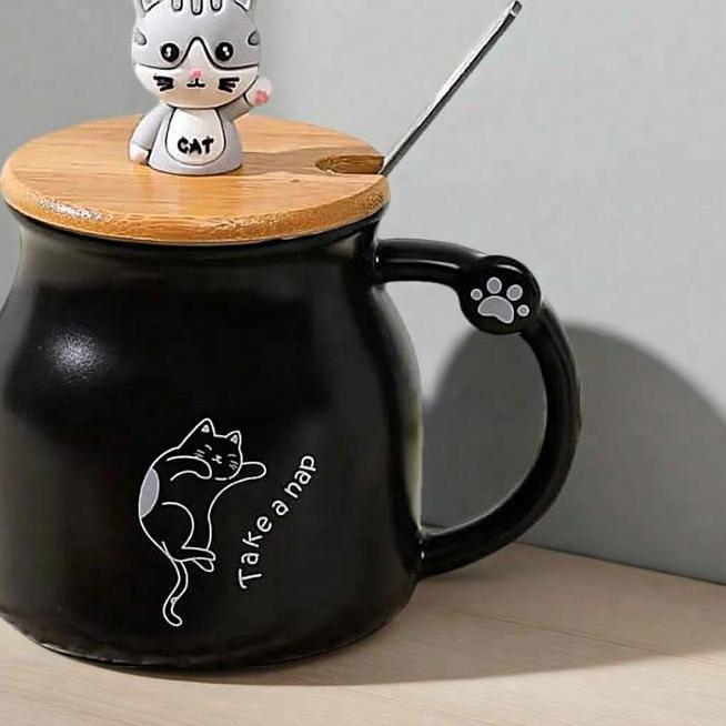 Mug Keramik Kucing Dengan Tutup Kayu Cangkir Keramik Cute Kucing