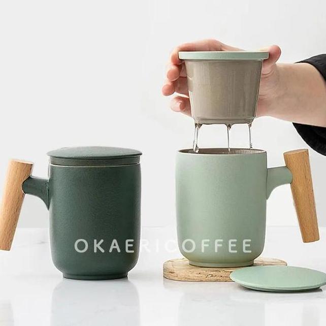 Okaericoffee Ceramic Tea Infuser Cup Lid Gelas Mug Keramik Saringan Tutup