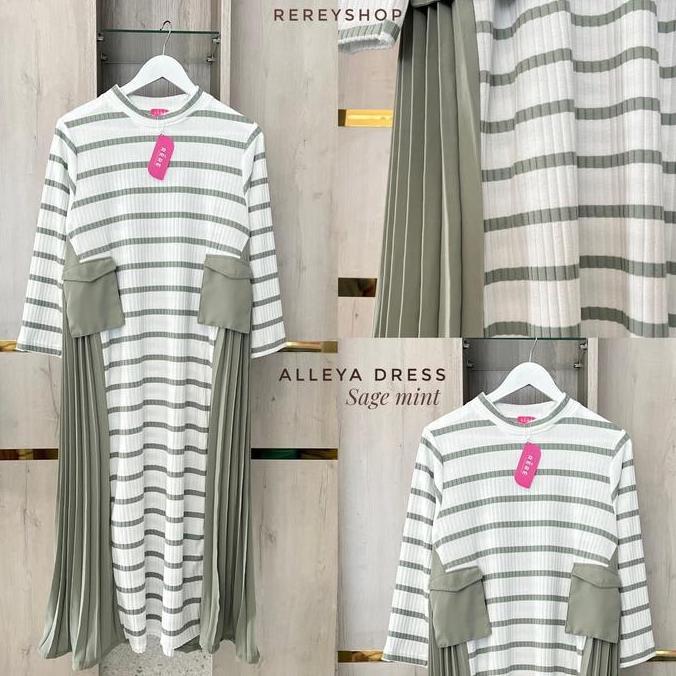 Rereyshop Alleya Midi Dress Wanita Terbaru Salur Stripe Plisket Nyaman Adem Gamis Muslim Knit Korean