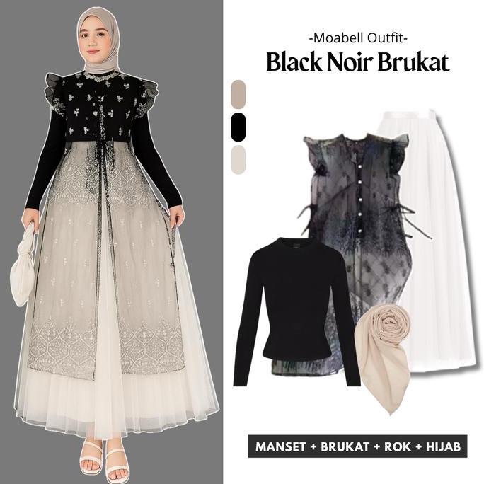 Black Noir Brukat One Set Kondangan 3in1 Setelan Wanita Kekinian Brokat Tile Long Vest Rok Tutu Puti