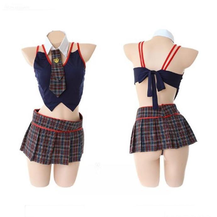 Grosir Lingerie Cosplay Pramugari Wanita Sexy Hot Wanita Dewasa Fit Tanktop Mini Rok Motif Kotak Kot