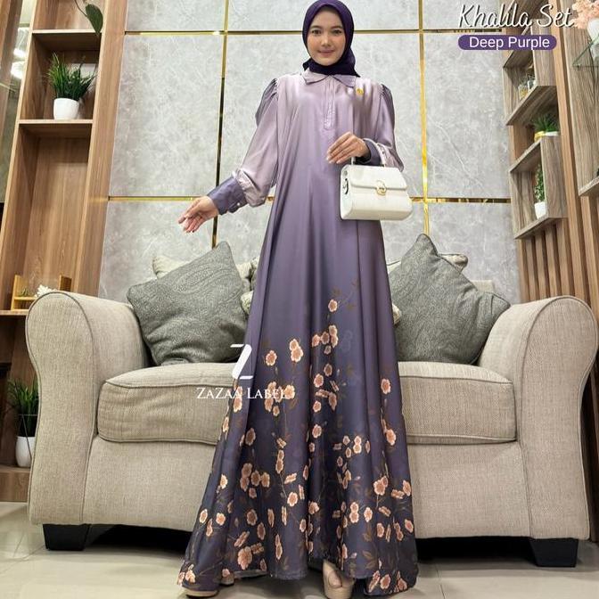 Zazaa Label - Khalila Set Gamis Hijab Motif Polos Bahan Armany Silk Mewah Busui