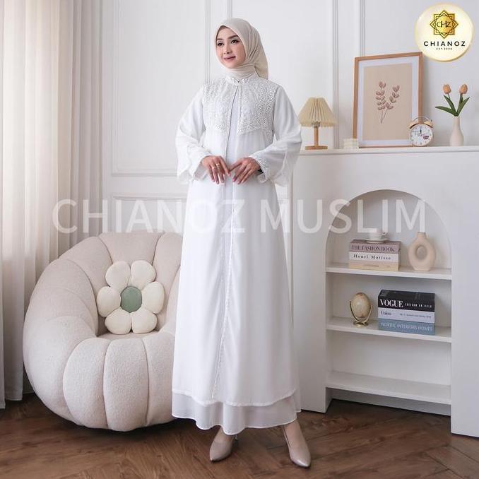 CHIANOZ Gamis Putih Mewah Hana Dress Brukat Renda Baju Lebaran Umroh Haji Maxi Syari Ceruty Muslim D