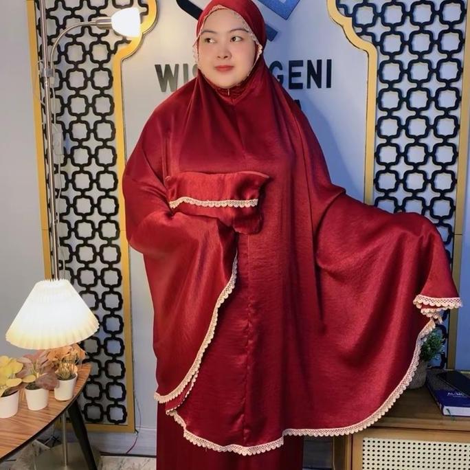 Mukena Silver Santorini Silk Renda Kecil Extra Jumbo 2in1