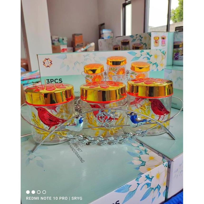 Souvenir Toples Lebaran Toples Kue Toples Hias Kaca Set 3 Pcs + Rak Stainless