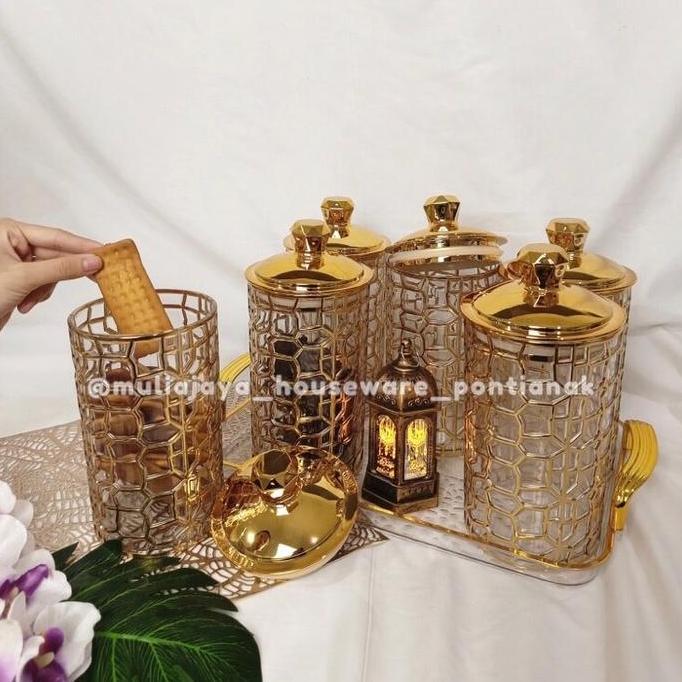 MJ Toples aklirik estetik 3 pcs satuan gold sultan viral kekinian toples kue cantik murah