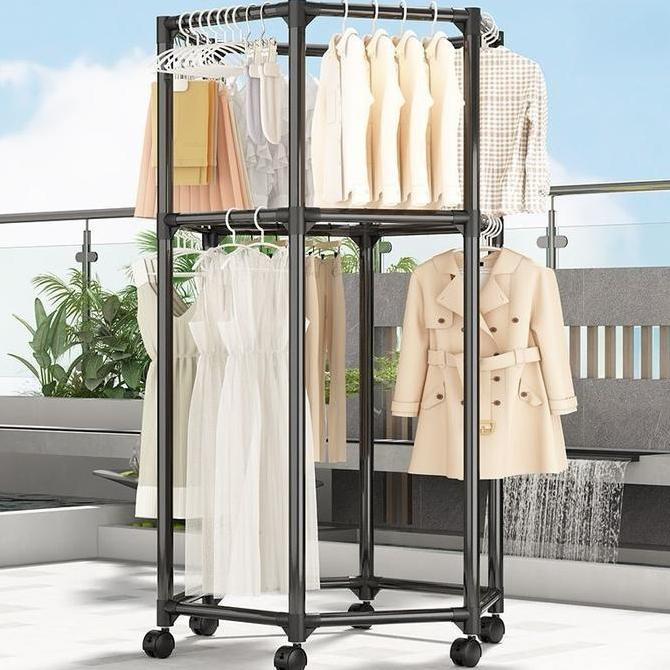 Rak Gantung Baju Besi Putar Rotasi 360Stand Hanger Dengan 6 Roda / Rack Jemuran Bulat Jumbo Pakaian 