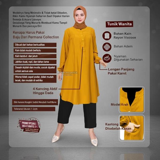 Wkwkwk- Atasan Wanita Lengan Panjang Baju Kemeja Muslim Tunik Warna Merah Dewasa Rayon Kantong Basic