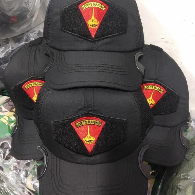DF400 - Topi Hitam kain jaring motif Cowak logo Bordil Segitiga Korps Marinir