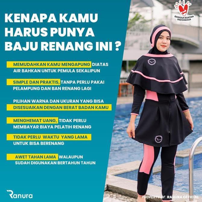 Baju Renang Pelampung Wanita Muslimah Ranura Proswim Hijab Dewasa Panjang Syari Black Pink Busa Zipp