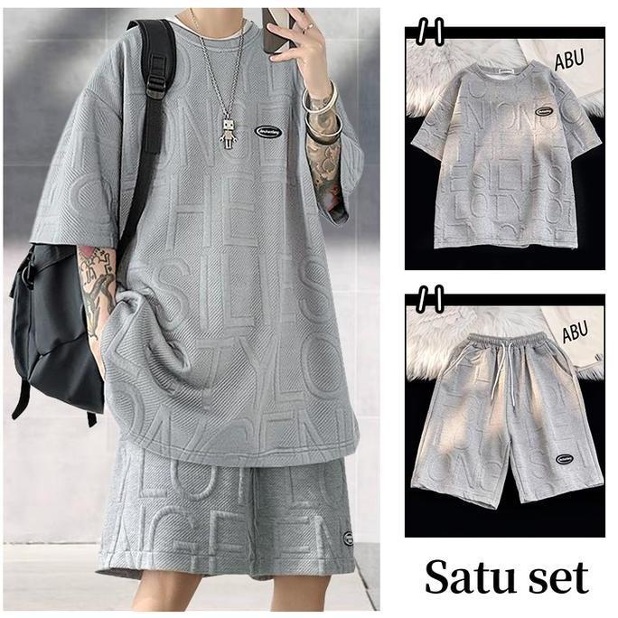 Baju one set pria/Set Pria oversize/Kaos oversize pria+celana pendek pria jumbo import/celana panjan