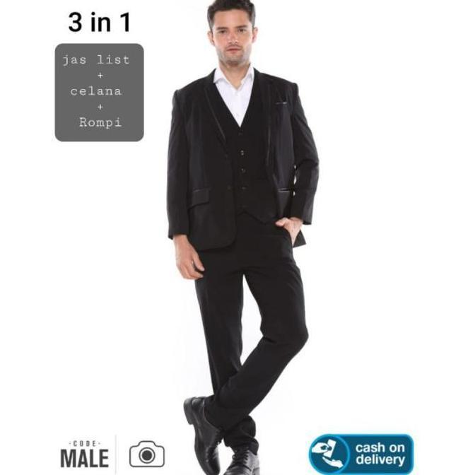 Code Male 3In1 Kombo Produk Jas Kerah List Kancing2, Celana Pria, Vest/Rompi Pria Hitam