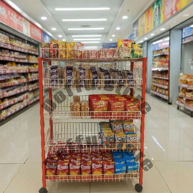 RAK MINIMARKET MERAH KOTAK RODA SS 5/RAK CIKI SUSUN 4/RAK CHIKI SUSUN 5 Merah Besi