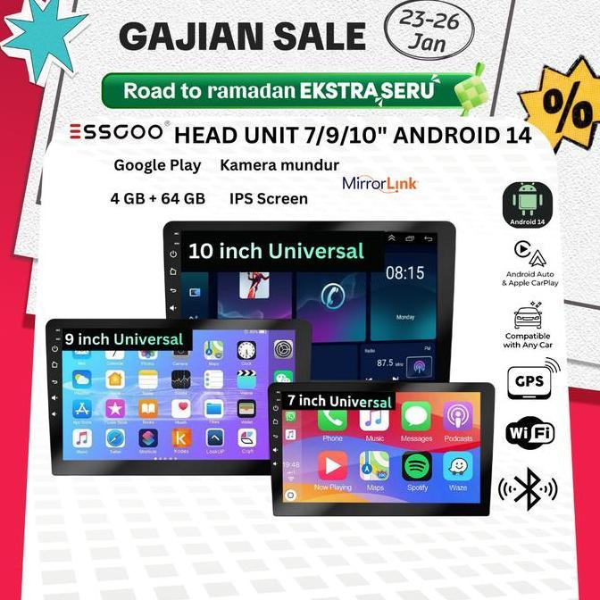 Iwanbandas - Essgoo Head Unit Android 14 Mobil 4G+64G  7/9/10 Inch 2 Din Kontrol Suhu Cerdas Ips Lay