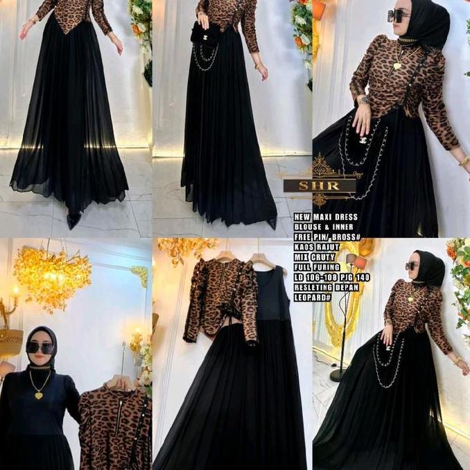 NEWREADY MAXI DRESS LANGSING LEOPARD FREE PIN/BROSS 100%ORI SHR terlaris