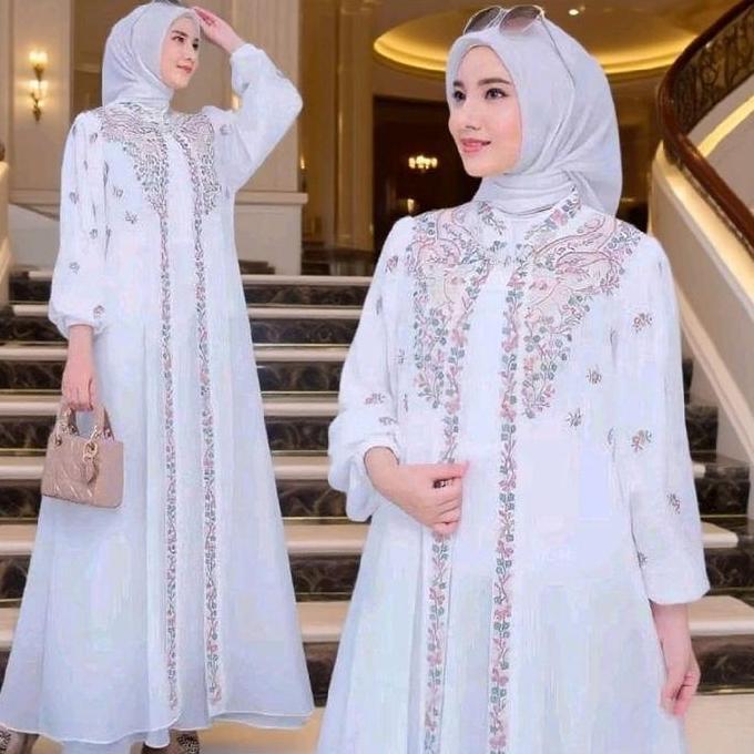 Grade Ori Agnes Hijab - Aiza Dress Gamis Putih Bordir Bunga Baju Muslim Wanita Abaya Hitam Gaun Pest