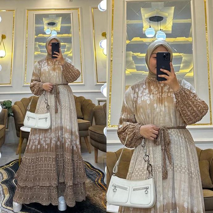 Bergaransi Gamis Ceruti Printing Plisket Premium Dress Plisket Viral