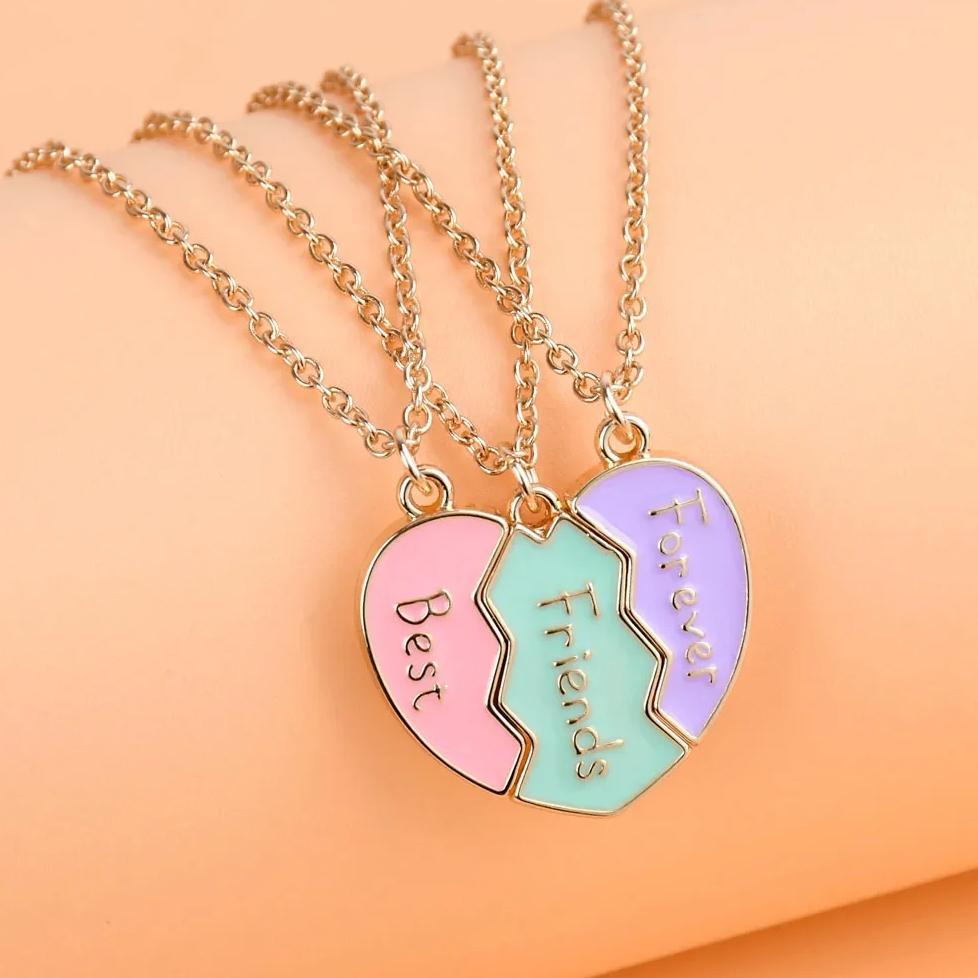 Lovecryst 3Pcs/set Cute 3-color Heart Broken Stitching Magnetic Best Friend Necklace for Girls BFF F
