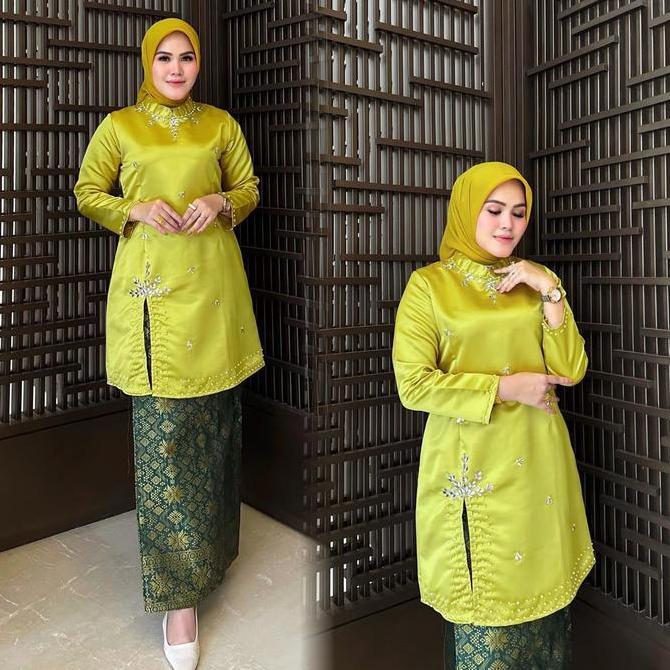 Promo (Free Hijab).. Kebaya Malaysia Model Terbaru Aksen Full Payet Mutiara Tunik Melayu Belah Sampi