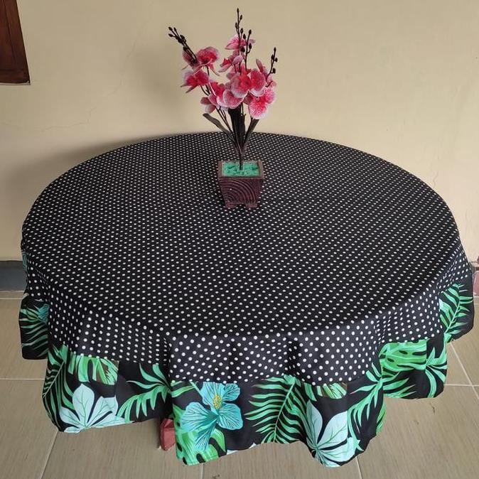 Taplak Meja Bulat Kain Katun Model Rumbai Motif Bunga Batik Elegant Modern Diameter 150 cm