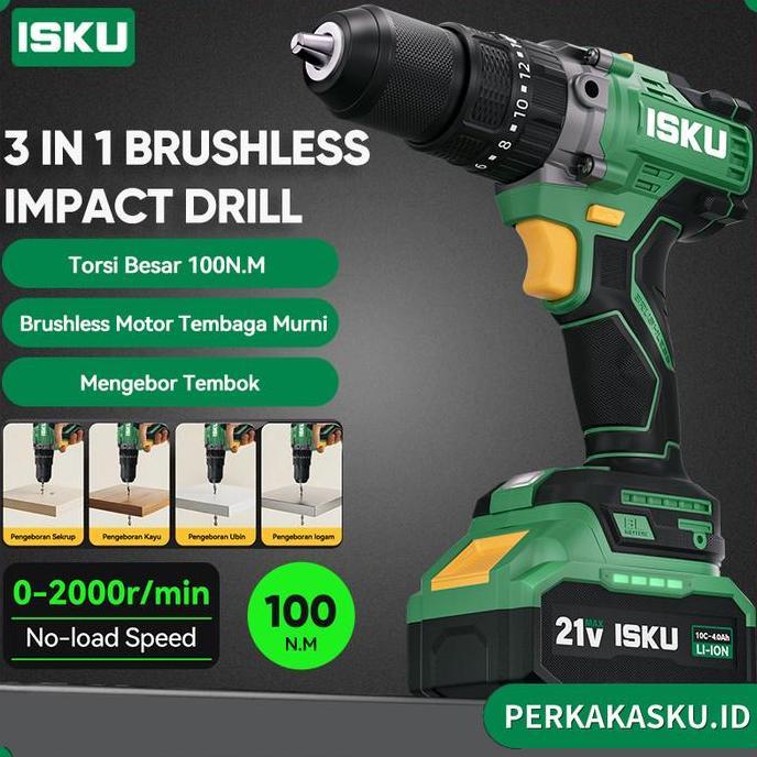 Isku 3 In 1 Brushless Impact Cordless Drill Lithium 21v 100N.M Torsi Besar Untuk Bor Beton & Sekrup