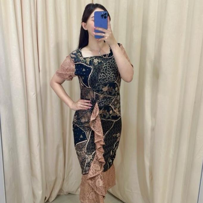 Dress Batik Vior Model Spesial dengan Kombinasi Premium Batik dan Brukat - Hitam, Maxi, Kondangan, M