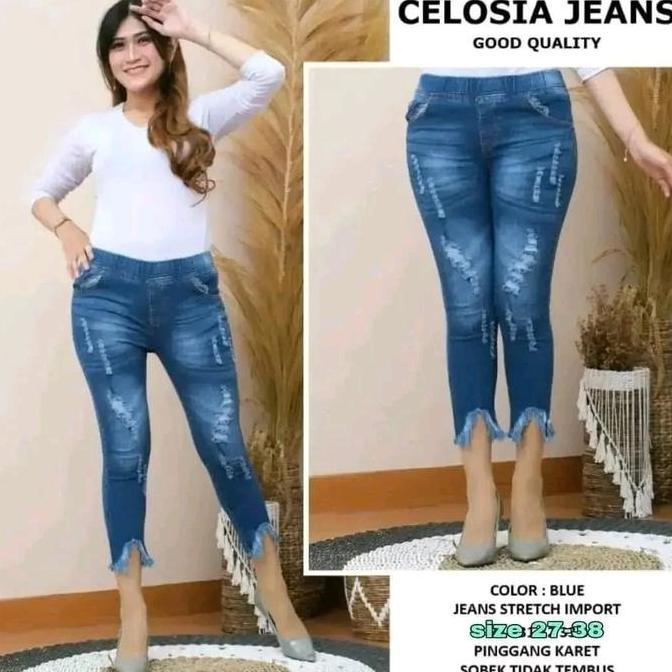 Premium (Akhtar-Jeans) Celosia Jeans 7/9 Pinggang Full Karet Bahan Celana Melar Tebal Panjang Jeans 