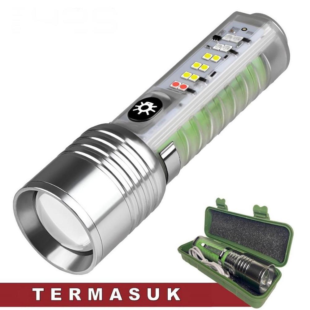 Senter Tangan Led Zoom 30w In/Out Transparan 520A 8 Mode Pencahayaan Multifungsi Flashlight Waterpro
