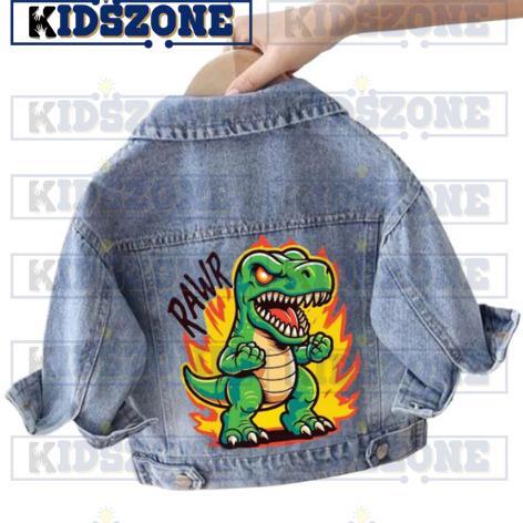 CUCI GUDANG JAKET JEANS ANAK KARAKTER DINOSAURUS SNOW BLUE & BLACK 1-7 TAHUN