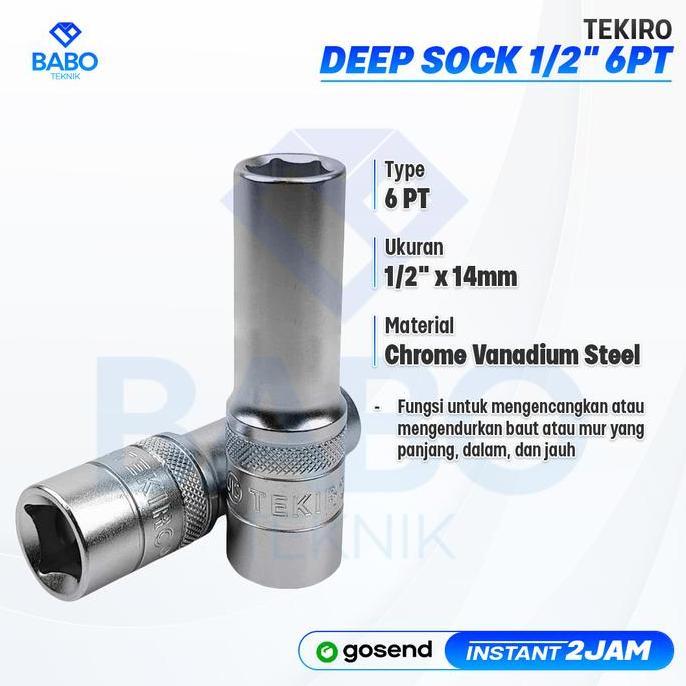 TEKIRO Mata Sok 14 mm Panjang Deep wall Socket 1/2 6 PT Mata Kunci Shock 14 mm Mata Sock Panjang 14 