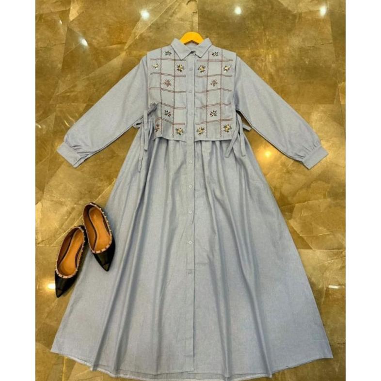 Premium Kamara Dress Berbahan Polo Linen Dengan Aplikasi Bordir Gamis Busui 2025 Terbaru Kesan Mewah