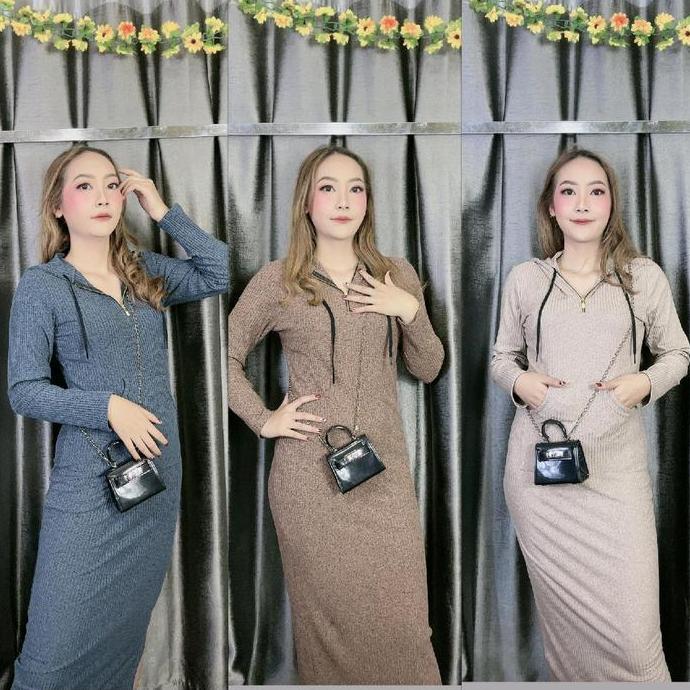 Hoodie dress ziper Hoodie resleting busui/Hijab frendly  Bahan Knit premium Polos Hitam Nyaman Ibu C