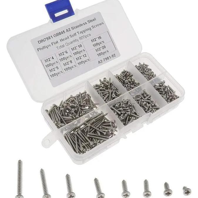 800pcs Skrup Baja Sekrup Baja Skrup Kecil Skrup Kepala Rata Sekrup Baja Ringan 304 Baja Tahan Karat 