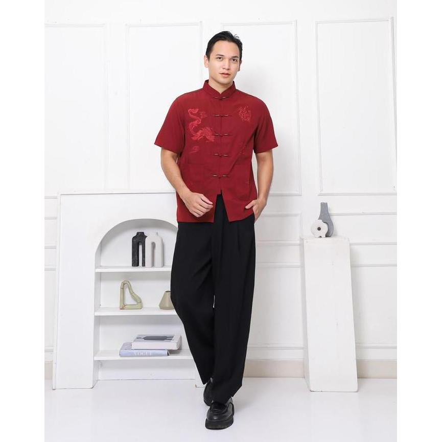 Terbaru Baju Cheongsam Pria Baju Tradisional Kemeja Formal Baju Imlek Pria Bordir Naga HM