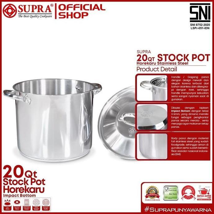 Supra Horekaru 20 Qt Stainless Steel Double Bottom Impact Pot 16 Qt/11 L Cocok untuk Kompor Listrik 