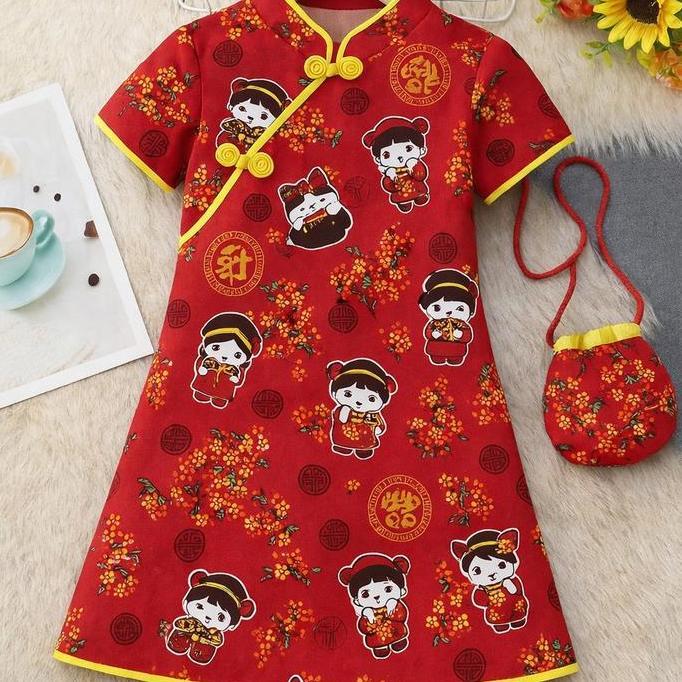 Cheongsam Baju Cina Dress Anak Perempuan Model Lurus Cantik Motif - Fashion Pasti Diskon