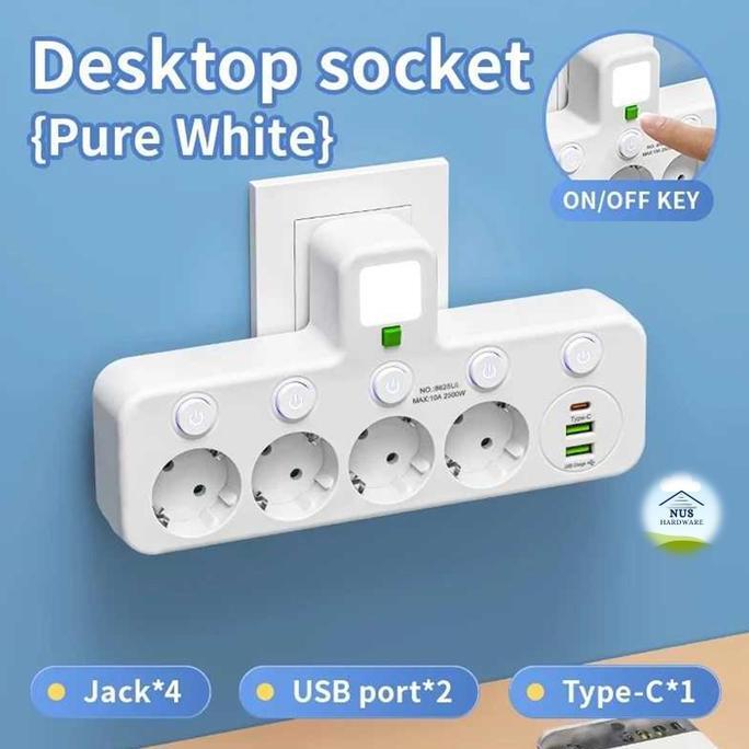 KAMLAN PLUGO Stop Kontak 4 Lubang Soket AC USB Type C EU Plug 10A 110-250V 2500W EU-8625UL Putih Mur