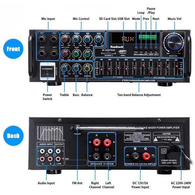 FARMUKE Sunbuck Audio Amplifier Bluetooth EQ Karaoke FM 2000W