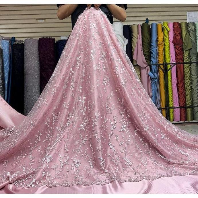 DB181 - Kain Brokat Tile Bordir Tebal warna Coklat Mahogany motif bunga - Bahan Brokat Bridesmaids, 