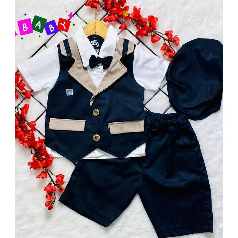 BL125 ~ Setelan BRANDED ROMPI TUXEDO FREE TOPI BORDIR anak laki laki , usia baby 3 sampai 12 bulan .
