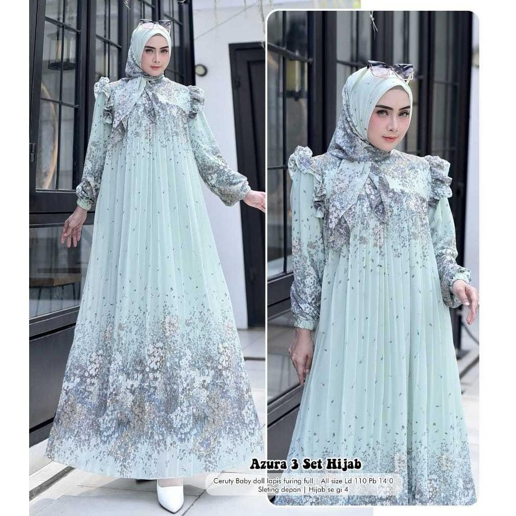 Azura 3 set hijab segi4 / Gamis dress plisket / gamis wanita kekinian / terbaru
